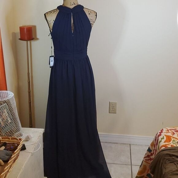 NWT Adrianna Papell Midnight Blue Halter Chiffon keyhole Maxi Gown Size 4 - Picture 6 of 12